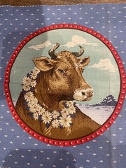 Vintage~Cranston~ Farmlife Collection ~”Cow”~ Cotton Fabric ~Blue BG 8″x8″