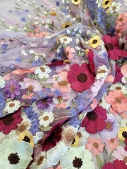 Multicolor Embroidery 3d Floral Lace Fabric By The Yard Lavender Mesh For Dress