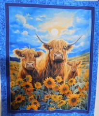 Sunflower Highland cow 1 Fabric Panel 100% cotton from Marshall Dry Goods