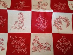 Fabric Vintage Marcus Brothers Redwork Check Patchwork Red White Squares 44×106″