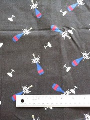 2 yards fabric POPPING CHAMPAGNE BOTTLES on black, glasses, New Year , party