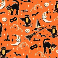P&B Textiles – Midnight Masquerade – Allover Vintage Halloween – Orange, BTY