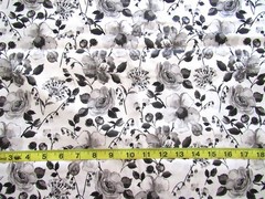 1 yd 100% Cotton Fabric White with Black, Grey & Off White Flowers