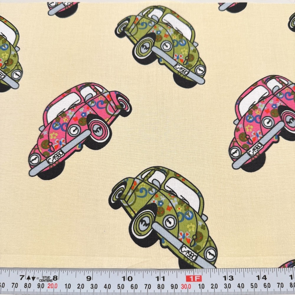Groovy Volkswagen on Cream Unbranded Cotton Fabric FAT EIGHTH 9″ x 22″