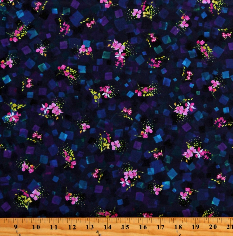Cotton Bright Side Flowers Floral Plants Navy Blue Fabric Print by Yard D480.53