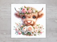 Highland Cow With Roses Square Fabric Panel Quilt Craft Sewing Quilt Block A38
