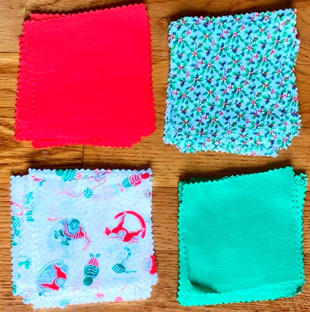 45-50 Vintage Cut Fabric 4.5” Squares Quilting Crafts Red Green Christmas 70’s