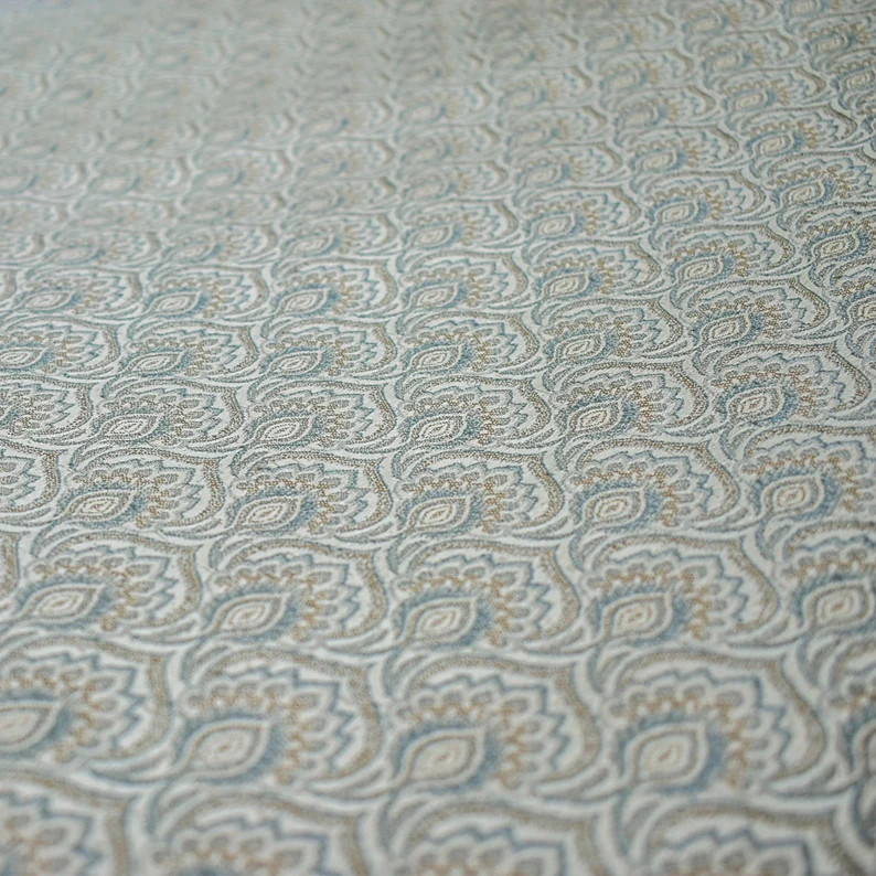 Teal & Cream Jacquard Weaved Fabric by the Yard, 54 inch width Blue Silk Fabric