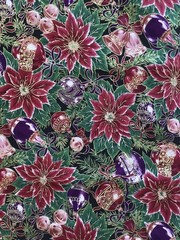 Christmas Fabric Bright Poinsettias Purple Baubles Gold Detailing on Black 1+ Yd