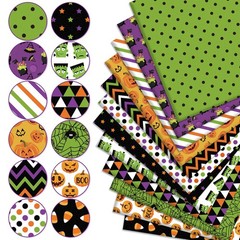 Whaline 12Pcs Halloween Cotton Fabric Bundles 18 X 22 Inch Spider Web Pumpkin