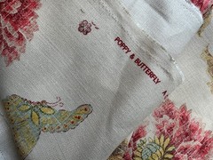 Colefax & Fower “poppy & butterfly” 100% linen fabric sample 23″X17″ red/sienna