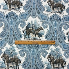 P KAUFMANN JOCKEY CLUB SAPPHIRE BLUE HORSE TOILE MULTIUSE FABRIC BY YARD 54″W