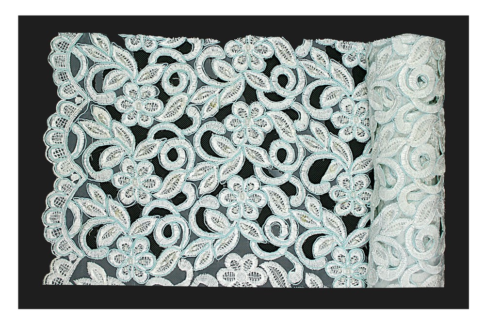 Lily White Blue Green Pink Burgundy Beaded Corded Embroidery Scalloped Fabric