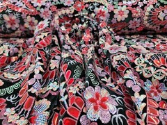 Multicolor Lace Red Floral Flowers Sequin On Black Velvet Fabric By The Yard