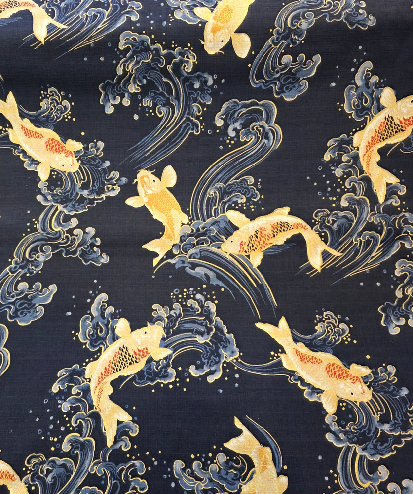 Ivory Koi in Water Waves on Dark Navy Blue Cotton Dobby Shirting – Gold Metallic