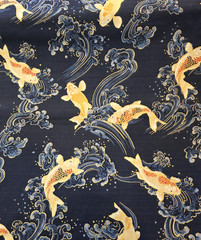 Ivory Koi in Water Waves on Dark Navy Blue Cotton Dobby Shirting – Gold Metallic
