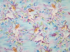 FAIRY FAIRIES GLITTER FLOWERS SWIRLS BLUE COTTON FABRIC BTHY