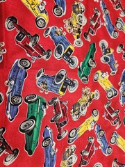 Vintage Shamash & Sons Fabric Red with Vintage Race Cars 18×45″ 100% cotton