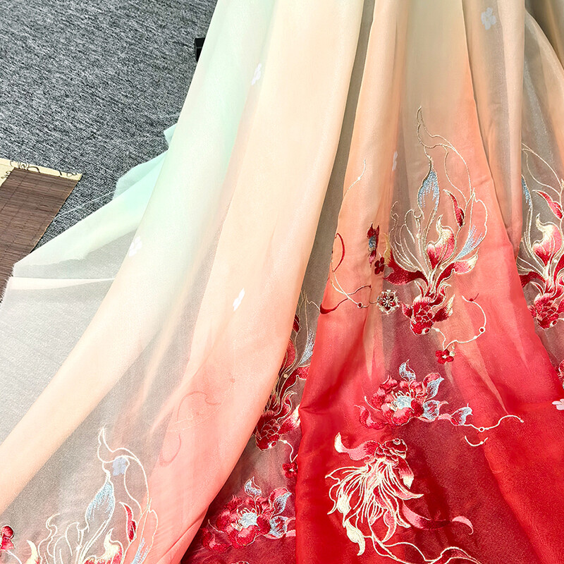Gradient Color Carp lotus embroidery Chiffon Fabric Chinese Hanfu Sewing Costume