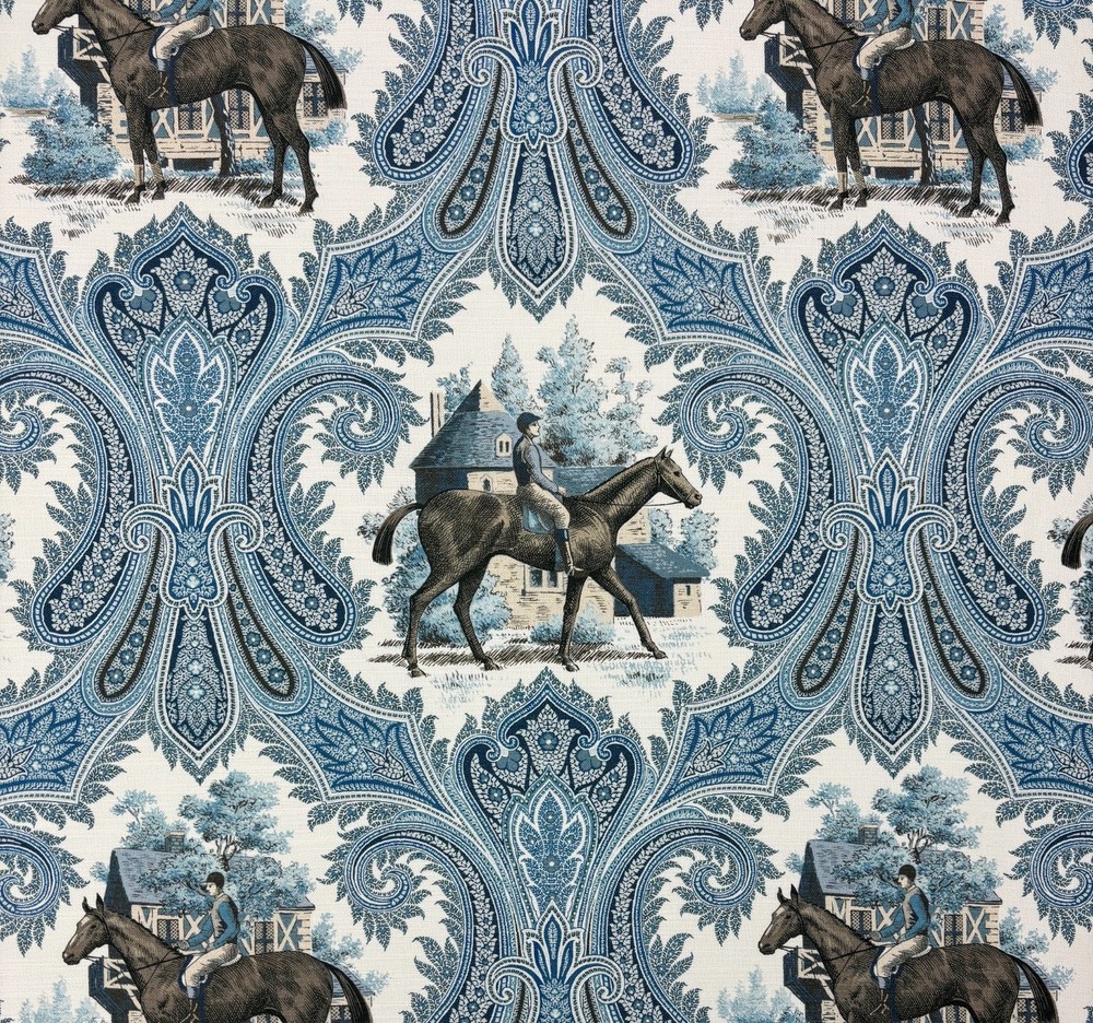 P KAUFMANN JOCKEY CLUB SAPPHIRE BLUE HORSE TOILE MULTIUSE FABRIC BY YARD 54″W