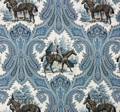 P KAUFMANN JOCKEY CLUB SAPPHIRE BLUE HORSE TOILE MULTIUSE FABRIC BY YARD 54″W