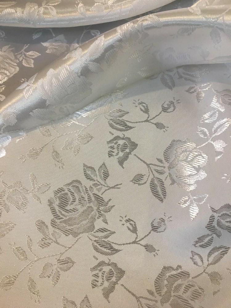 White Jacquard fabric Satin Floral rose drapery fabric BTY tablecloth 58″ wide