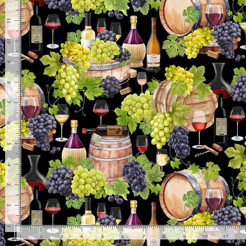 Wine Bar Fabric | Wine Cellar Bottle Cask Grape Black | Timeless Treasures YARD