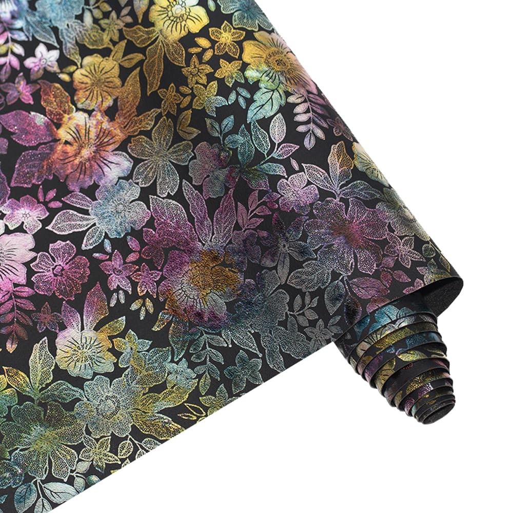 16×54 Inch Colorful Floral Faux Leather Fabric DIY Crafts Handbag Purse Black
