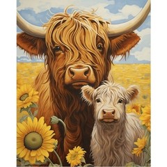 Highland Cows Whimsical Scottish Cow Calf Sunflower 36×44″ Cotton Fabric Panel