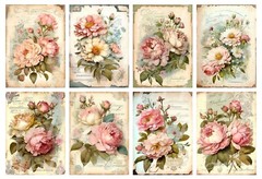Set of 8 Vintage Victorian Cottage Roses Collage Cotton Fabric Blocks