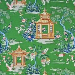 Harmony Grass Asian Pagoda with Blue Coral Floral Print on Green Regal Fabric