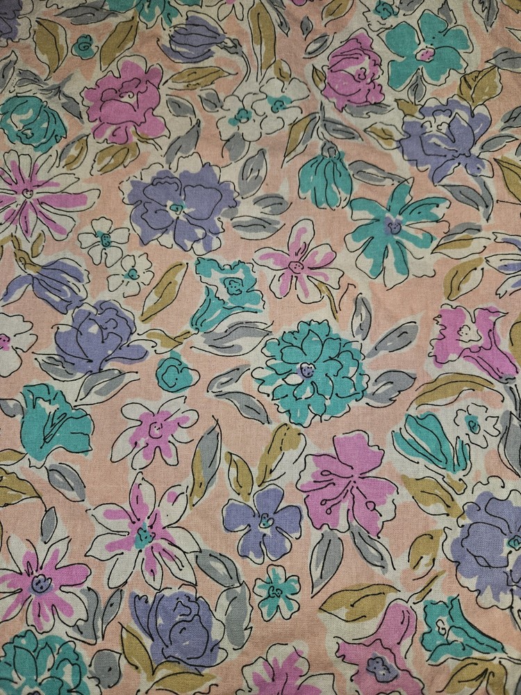 Vintage 60s/70s Cotton Sketch Style Floral Print Fabric 4.75 Yards X 48″ Wide