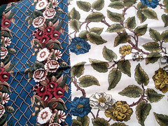 Fabric Red Rooster SALE “Latticework Blue” 2 Pc Vertical Flowers Blue Gold $1.00