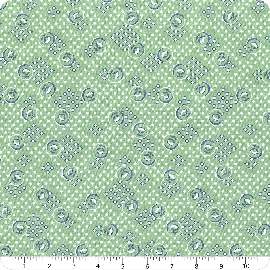 Lori Holt CookBook Fabric Luncheon Sea Glass Green Flower Dot Cotton Yardage