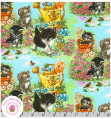 KITTY’S GARDEN 73021 192 Blue Floral KITTENS Cats Kaufman Quilt Fabric