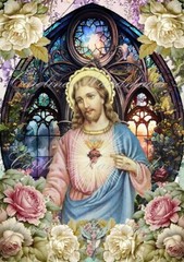 Jesus & Stained Glass Window Designer Cotton Fabric Quilt Block Multi-size