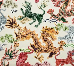 HAMILTON HIMALAYA NATURAL ASIAN TIGERS DRAGONS MULTIUSE FABRIC BY THE YARD 54″W