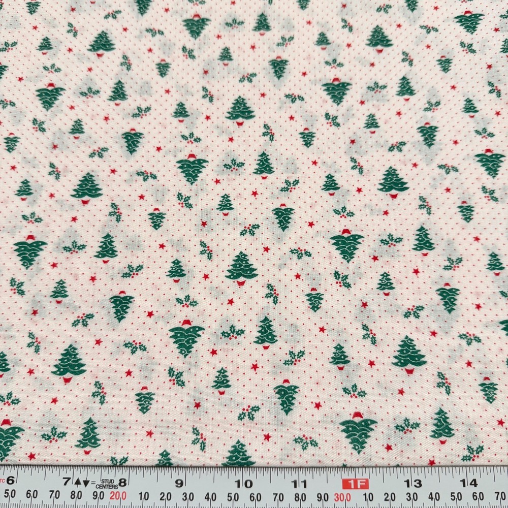 Vintage Wamsutta Christmas Trees Stars Pin Dots Cotton Blend Remnant 10″ x 44″