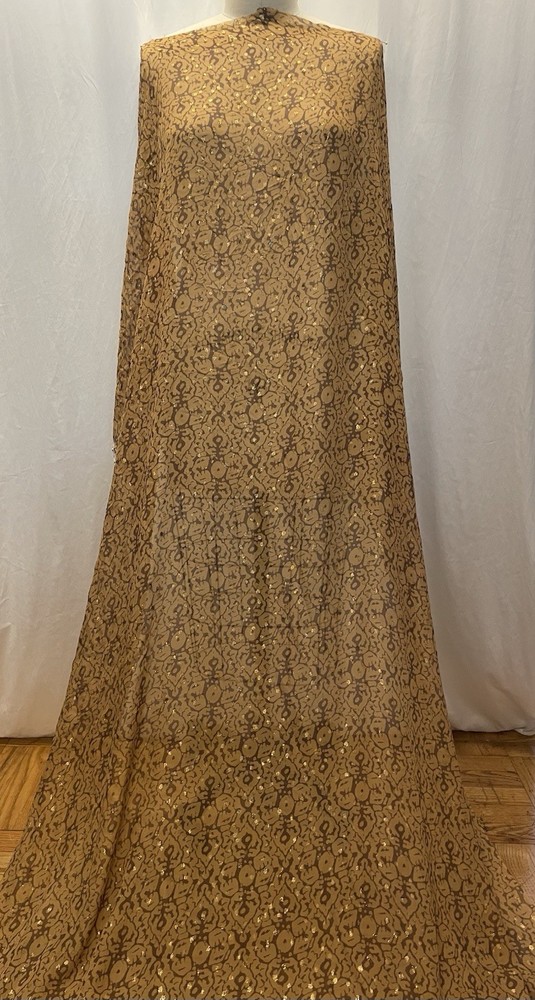 100% Silk Chiffon Honey Cocoa Brown Lurex Gold Accents Fabric By Yard 46″ Wide