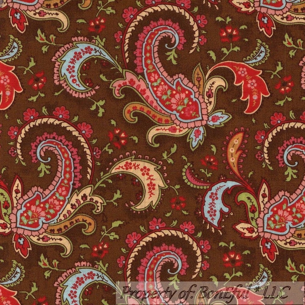 BonEful Fabric FQ Cotton Quilt Brown Flower Calico Fall Red Paisley Thanksgiving