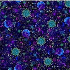 BTY TT Sun Moon Stars Celestial Galaxy Blue Print 100% Cotton Quilt Fabric Yard