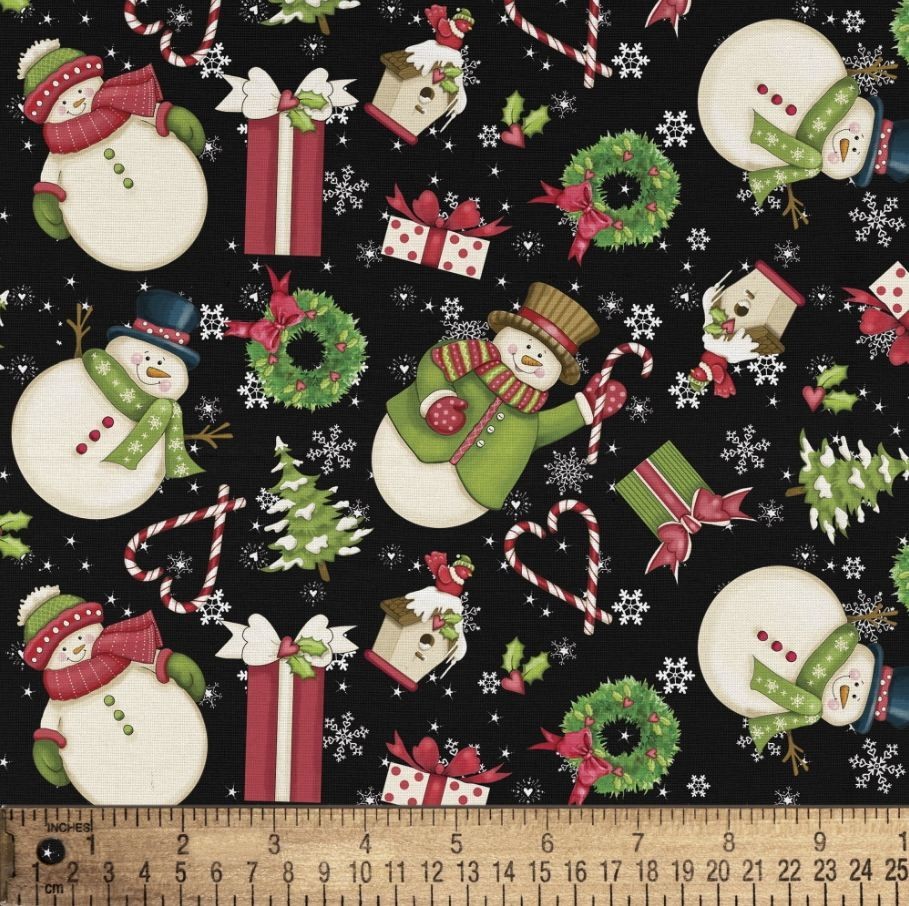 1 Yard Piece – Seasonal Fabric Merry Snowmen Winter Cotton Fabric Precut M208.70