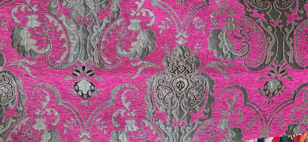Chenille UPHOLSTERY Fabric Jacquard Damask, 54″ wide ,color Hot pink/silver