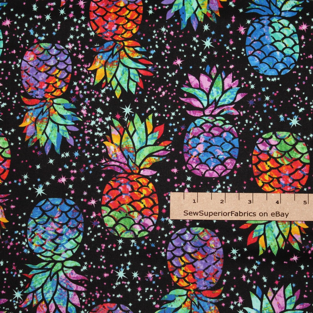 Pineapples on Black Midnight Tropical Fruit Pina Cotton Fabric 1/2 Yard #C7948