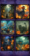 Moon Spell Spooky Block Panel, Cat, Haunted House Robert Kaufman 24 x 44″