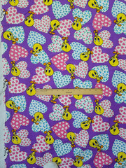 Vtg 1994 Tweety Bird Hearts Purple Fabric Warner Bros Lovables Novelty BTY x 45″