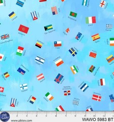 Cotton What a World Flag Toss Flags Countries Blue Fabric Print by Yard D655.16