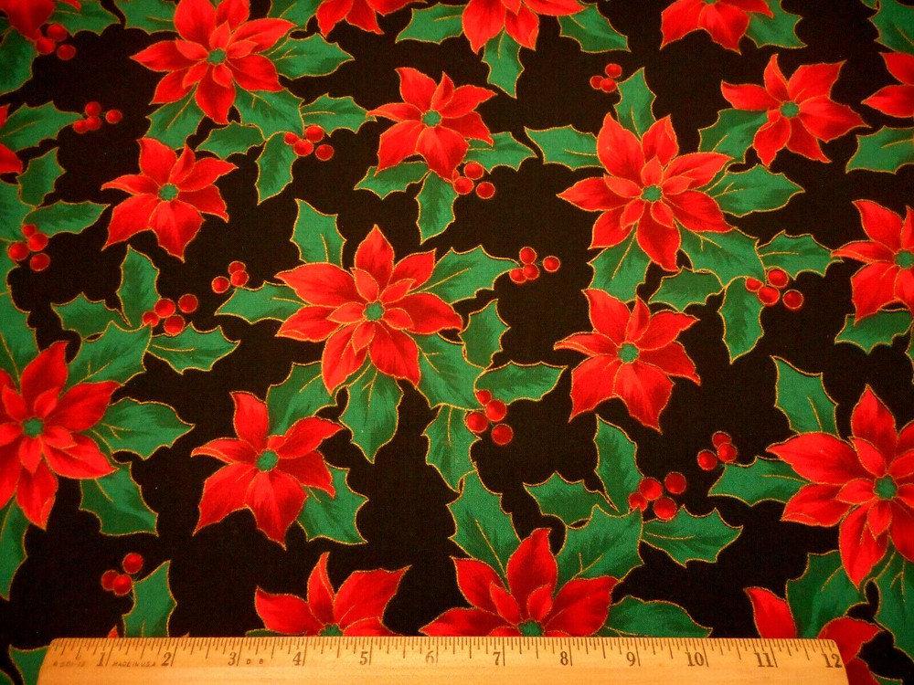 Christmas Fabric By Yard Red Poinsettia Green Holly Met Gold Black Cotton #42 C