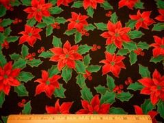 Christmas Fabric By Yard Red Poinsettia Green Holly Met Gold Black Cotton #42 C