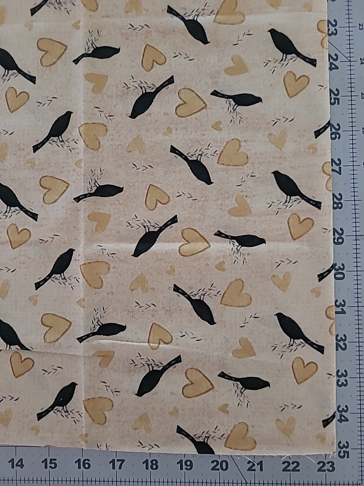 Clothworks “Sunny Days” Cotton Fabric Crows And Hearts On Cream 30 Inches